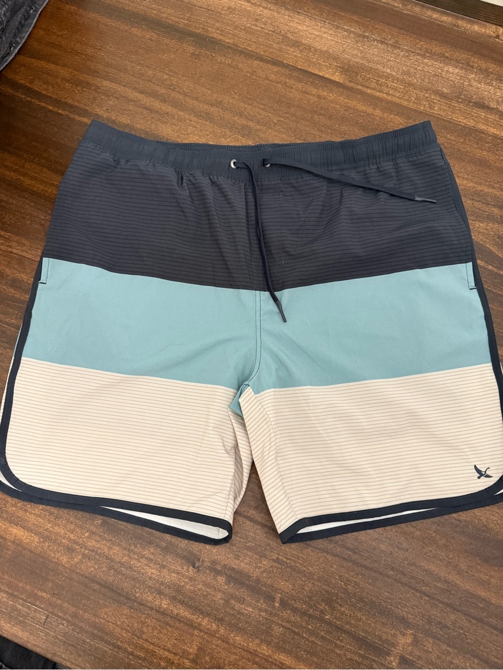 Eddie Bauer Men's Striped Swim Trunks with Briefs - Navy, Teal & Cream